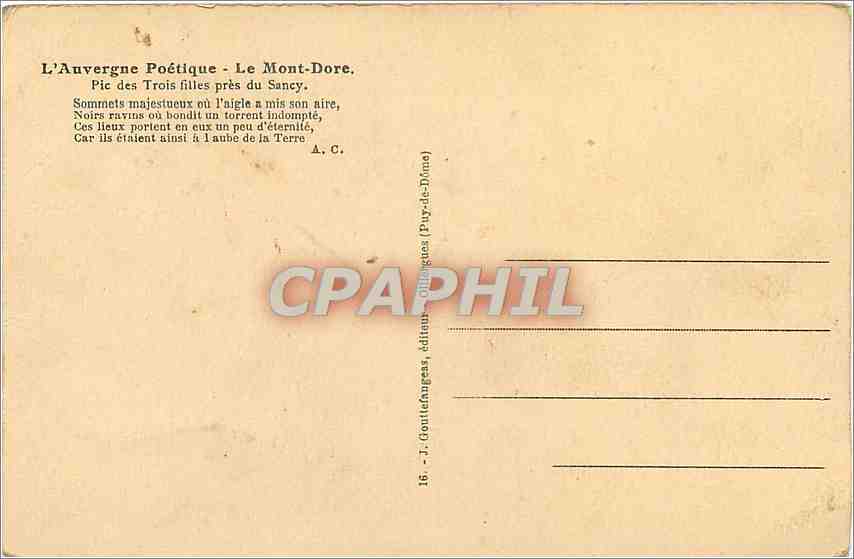 CPA L'Auvergne Poetique Le Mont Dore Pic des Trois filles pres du Sancy  — Verso