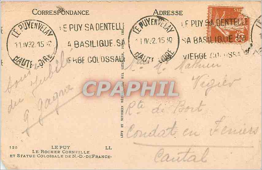 CPA Le Puy Le Rocher Corneille et Statue Colossale de ND de France  — Rückseite