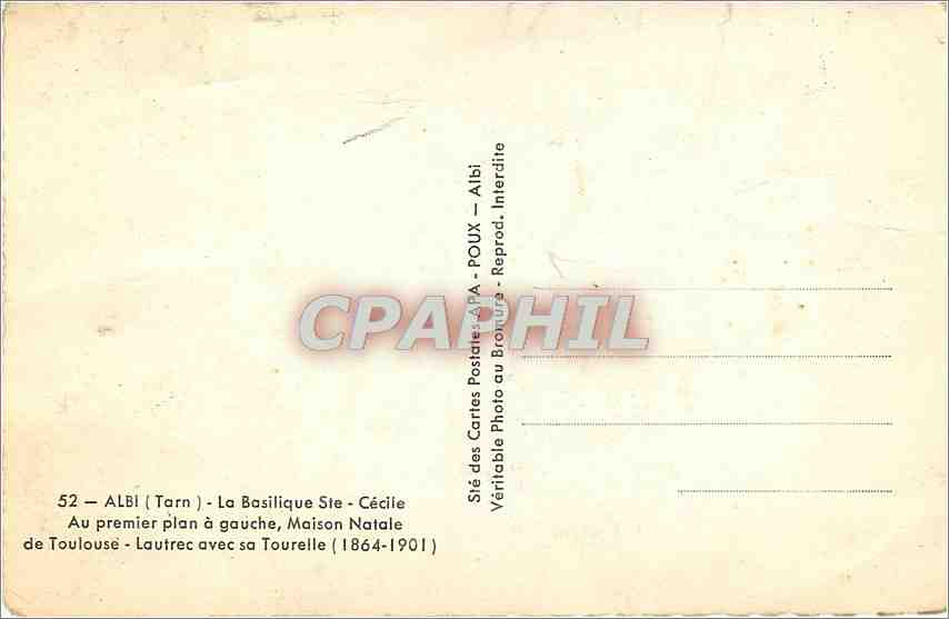 CPM Albi Tarn La Basilique Ste Cecile Au premier plan a gauche Maison Natale de Toulouse  — Rückseite