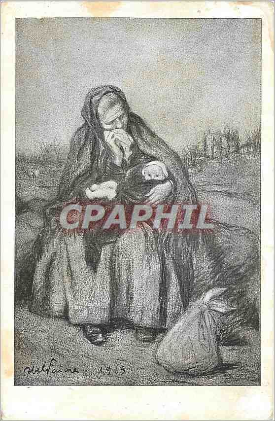 Trauernde Frau mit Kind — Kupferstich von Sulfaine 1915 — Französische Nationalhilfetage
