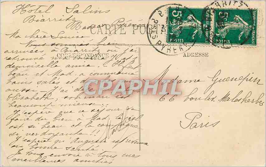 CPA Biarritz Le Casino Municipal  — Verso