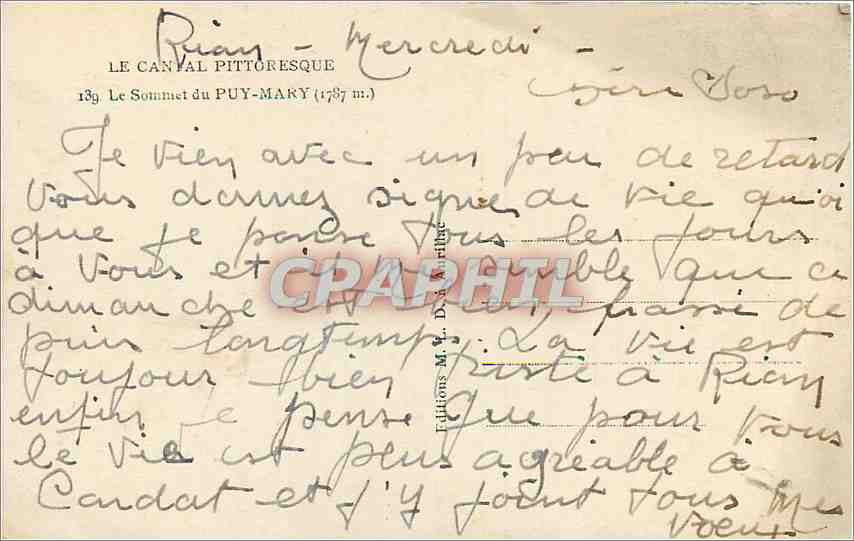Sommet du Puy-Mary — 1787 m — Éditions M. D. Rillier — Verso