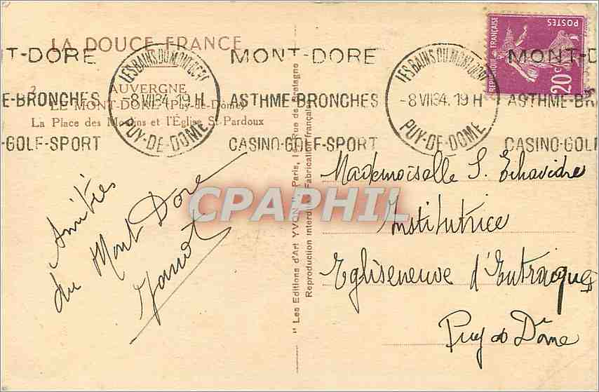 CPA Auvergne Le Mont Dore Puy de Dome La Place des Moulins et l'Eglise St Pardoux  — Verso