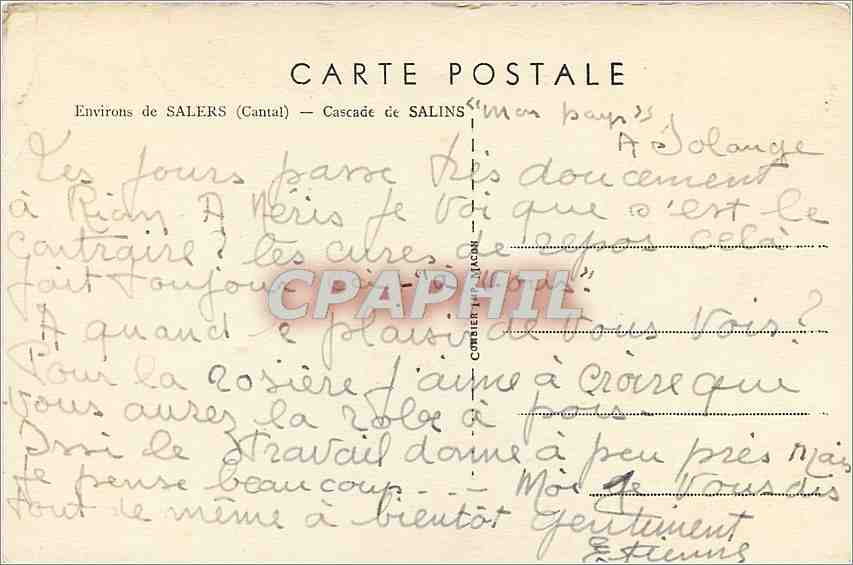 CPA Environs de Salers Cantal Cascade de Salins  — Rückseite