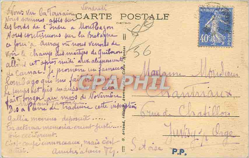 CPA Auray Le Belvedere du Loch et canon de la Grande Guerre  — Verso