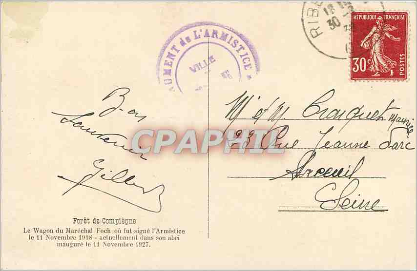 CPA Foret de Compiegne Le Wagon du Marechal Foch ou fut signe l'Armistice  — Rückseite