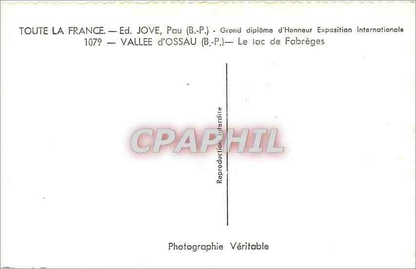 CPM Toute la France Ed Jove Pau BP Grand diplome d'Honneur Exposition internationale Vallee d'Ossau  — Rückseite