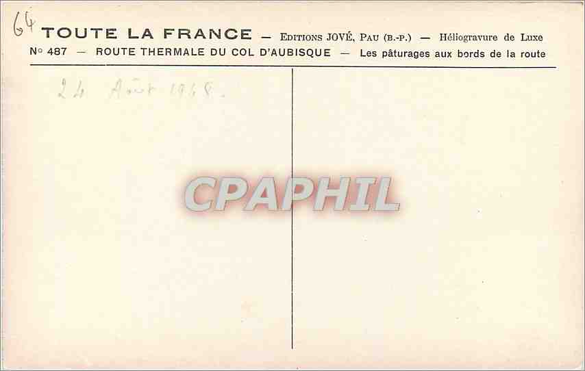 CPA Jove Pau BP Heliogravure de Luxe Route thermale du Col d'Aubisque Les Paturages aux bords de la  — Rückseite