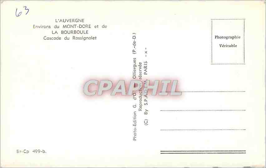 CPA L'Auvergne Environs du Mont Dore et de La Bourboule Cascade du Rossignolet  — Rückseite