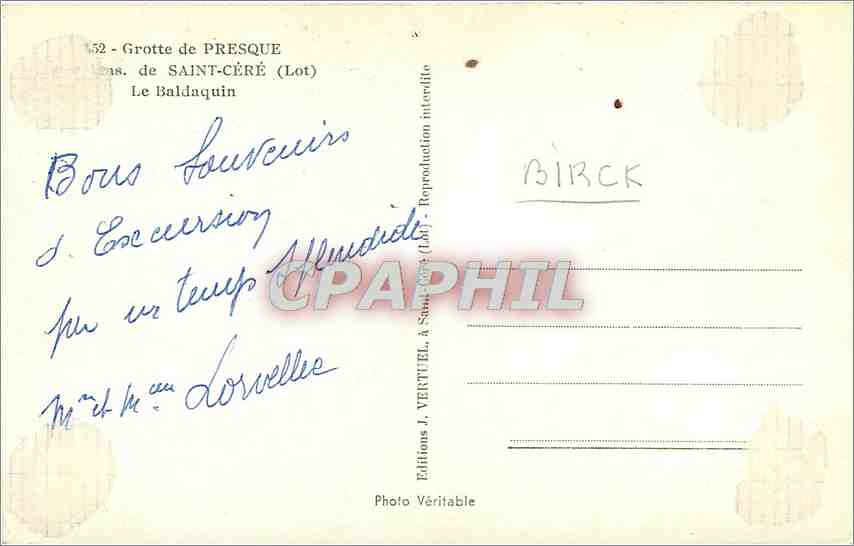 CPA Grotte de Presque Saint Cere Lot Le Baldaquin  — Rückseite