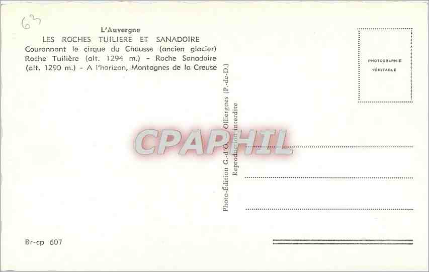 Les Roches Tuilière et Sanadoire — Couronnant le cirque du Chausse (ancien glacier) — Photo-Édition G.d'O, Olliergues — Verso