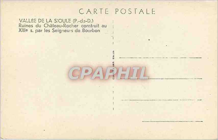 CPA Vallee de la Sioule P de D Ruines du Chateau Rocher construit au par les Seigneurs de Bourbon  — Rückseite