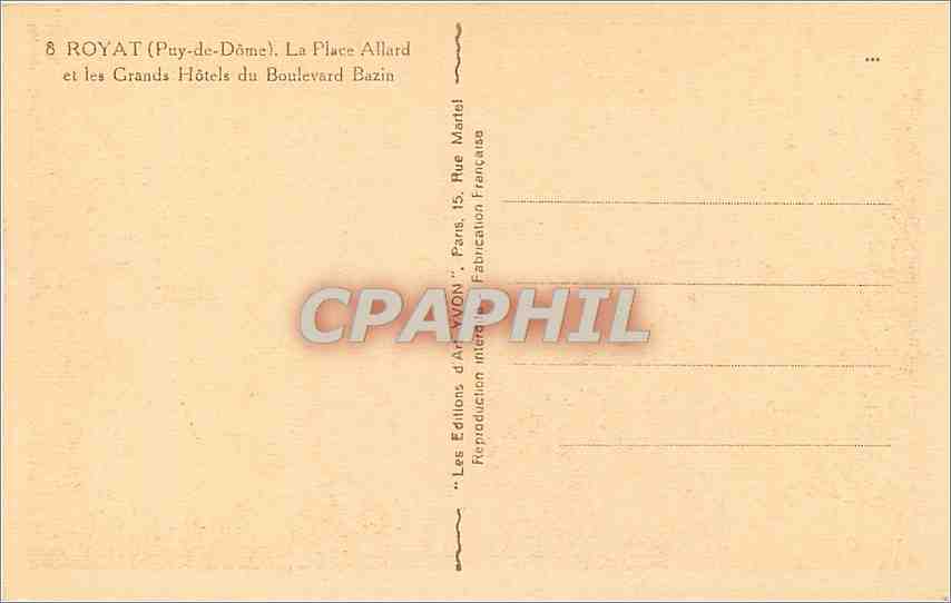 CPA Royat Puy de Dome La Place Allard et les Grands Hotels du Boulevard Bazin  — Rückseite