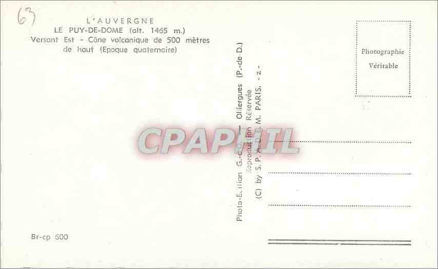 Le Puy-de-Dôme — Versant Est — Côte volcanique de 500 mètres — Photo-Edition G.-D.O. Paris — Rückseite