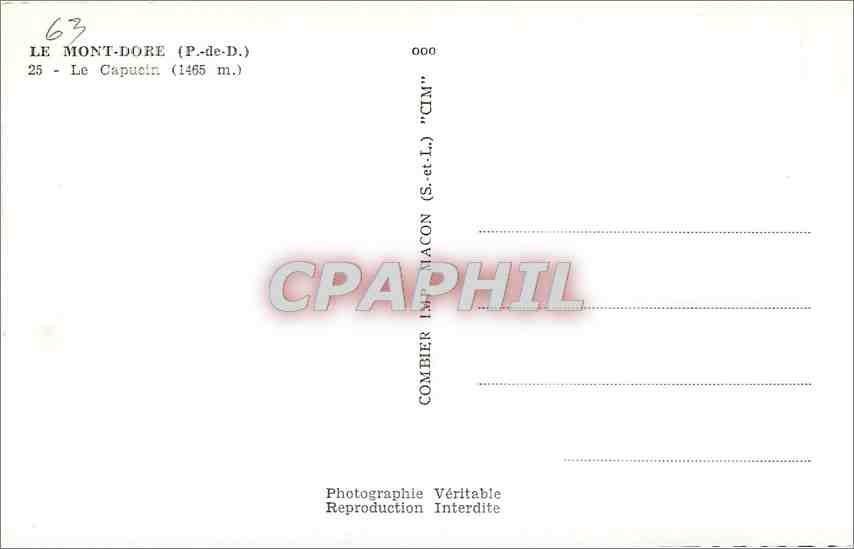 CPM Le Mont Dore P de D Le Capucin  — Verso