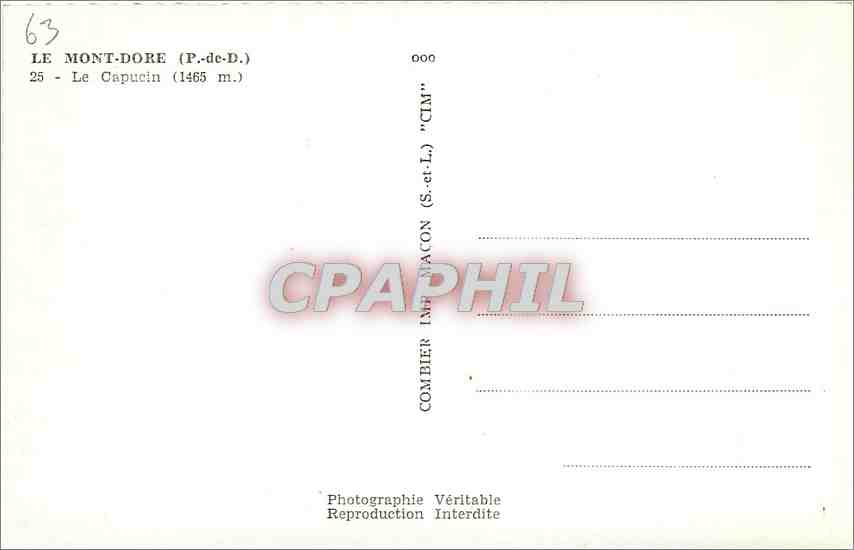 CPM Le Mont Dore P de D Le Capucin  — Verso