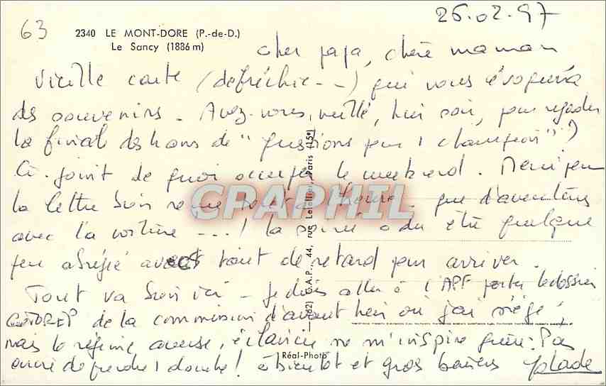 CPA Le Mont Dore P de D Le Sancy  — Verso