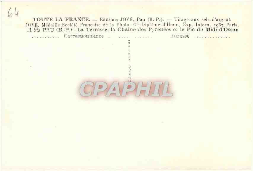 La Terrasse, die Pyrenäen und der Pic du Midi d'Ossau — Editions JOVÉ, Pau (B.P.) — Rückseite