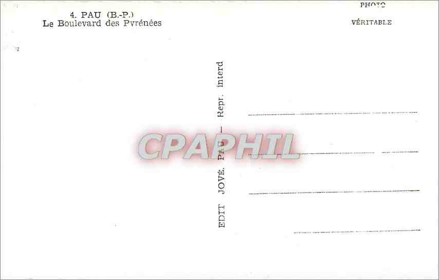 Pau (B.P.) — Der Boulevard des Pyrénées — Édit. Jové, Pau — Rückseite