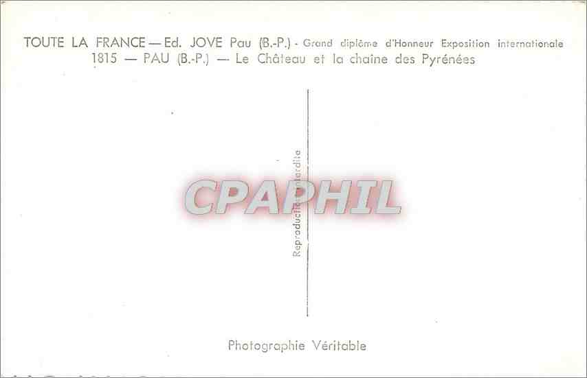 CPA Jove Pau BP Grand diplome d'Honneur Exposition Internationale  — Rückseite