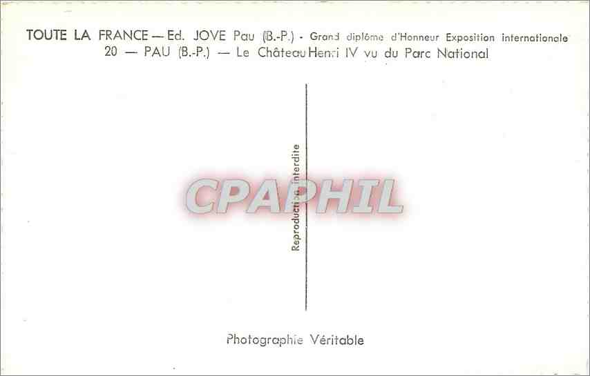 CPA Pau BP Le Chateau Henri IV vu du Parc National  — Verso