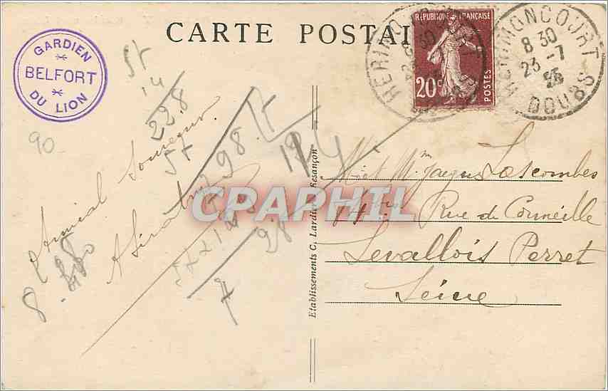 CPA Belfort Chateau et Lion  — Verso