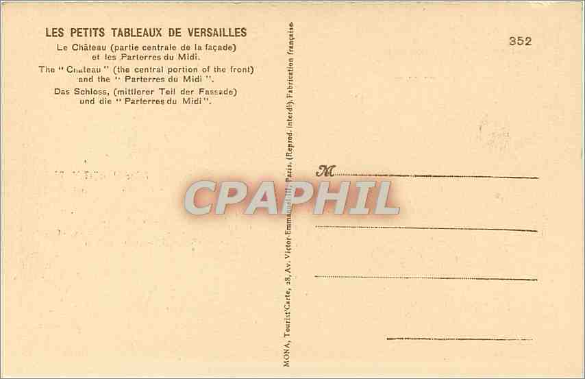 CPA Versailles Le Chateau partie centrale de la facade et les Parterres du Midi  — Verso