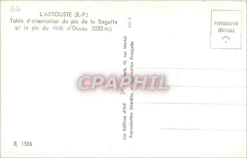 L'Artouste (B.-P.) — Table d'orientation du pic de la Sagette et le pic du Midi d'Ossau (2885 m.) — Les Éditions d'Art, Paris, 15, rue Marial — Rückseite