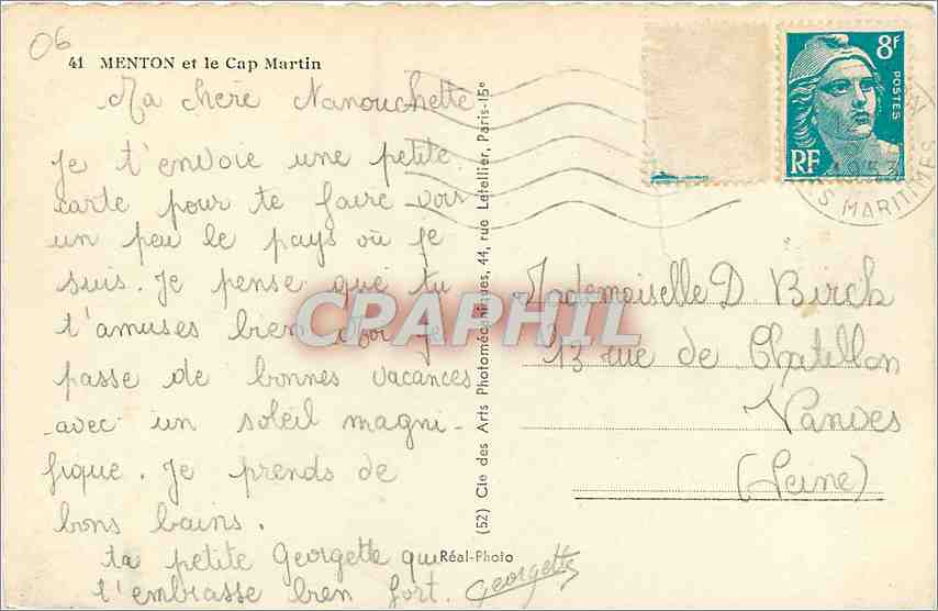 CPM Menton et le Cap Martin  — Verso