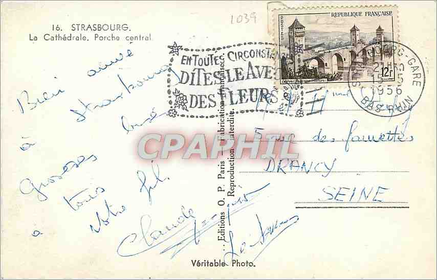 CPM Strasbourg La Cathedrale Porche central  — Verso