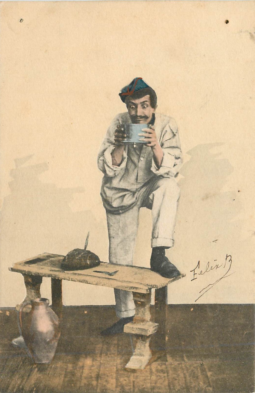 Homme en costume ottoman buvant — signature 'Felix B' — éditeur inconnu