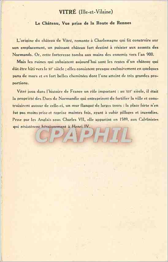 CPA Vitre Ille Villaine Le Chateau Vue prise de la route de Rennes  — Rückseite