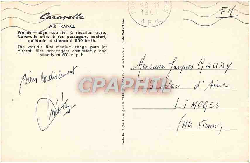 CPM Air France Premier moyen courrier a reaction pure  — Rückseite