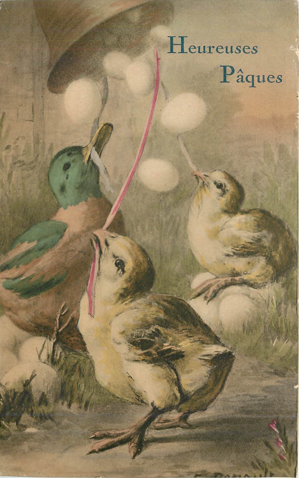 CPA Heureuses Paques Poussins Canard Cloche