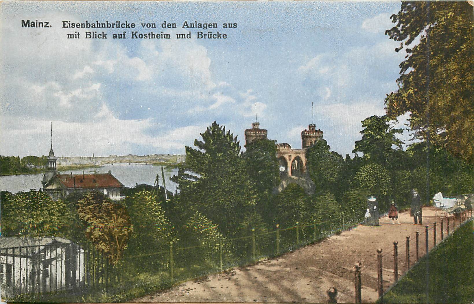 CPA Mainz Eisenbahnbrucke von den Anlagen aus mit Blick auf Kostheim und Brucke 