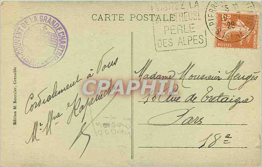 Chutes du Guiéra — Entrée du Désert — Route de la Grande-Chartreuse — Édition M. Boncier, Grenoble — Verso
