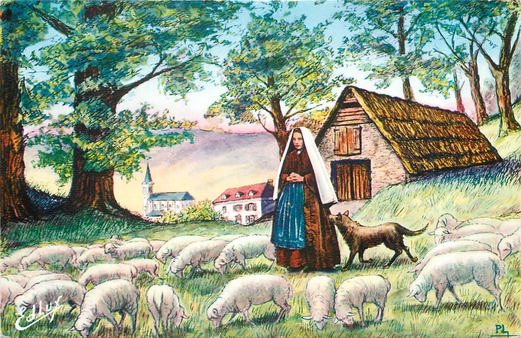 CPA Lourdes Bernadette a Bartres gardant les moutons 