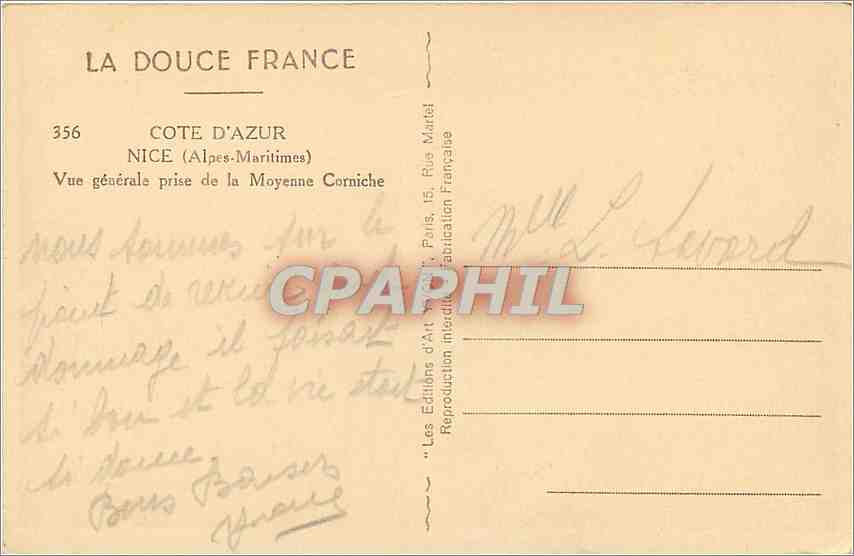 CPA Cote d'Azur Nice Alpes Maritimes vue generale prise de la Moyenne Corniche  — Rückseite