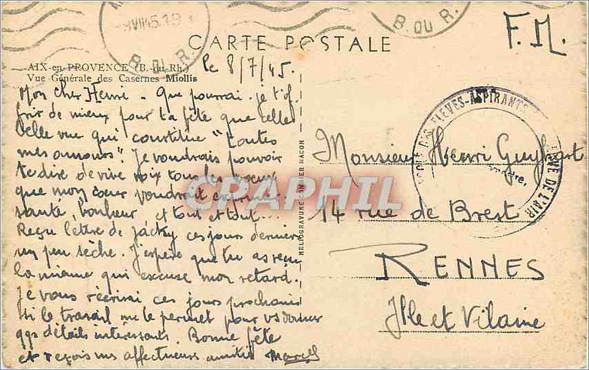 Aix-en-Provence — Vue Générale des Casernes Miollis — Éditeur C. Hély — Verso