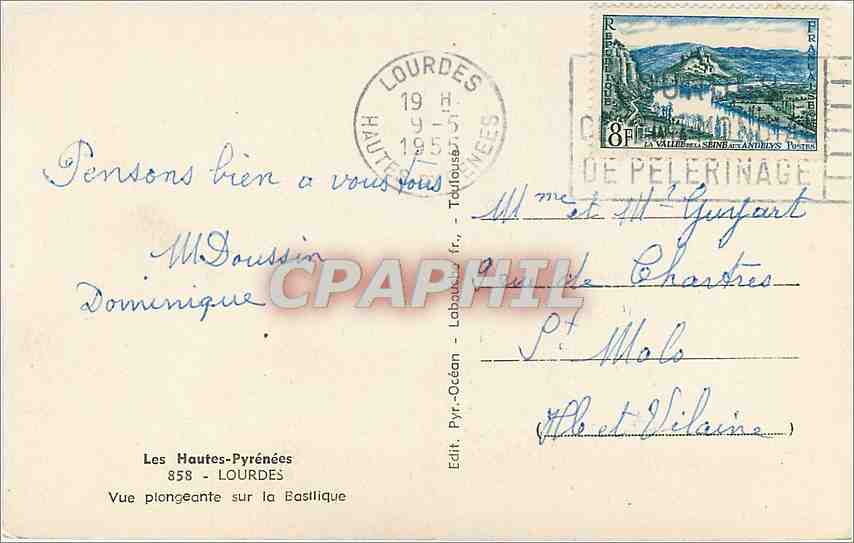 CPM Les Hautes Pyrenees Lourdes vue Plongeante sur la Basilique  — Verso