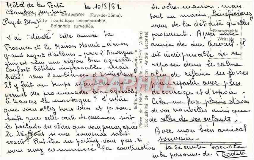 La Cigogne — Lac Chambron (Puy-de-Dôme) — Édition Vichy — Verso