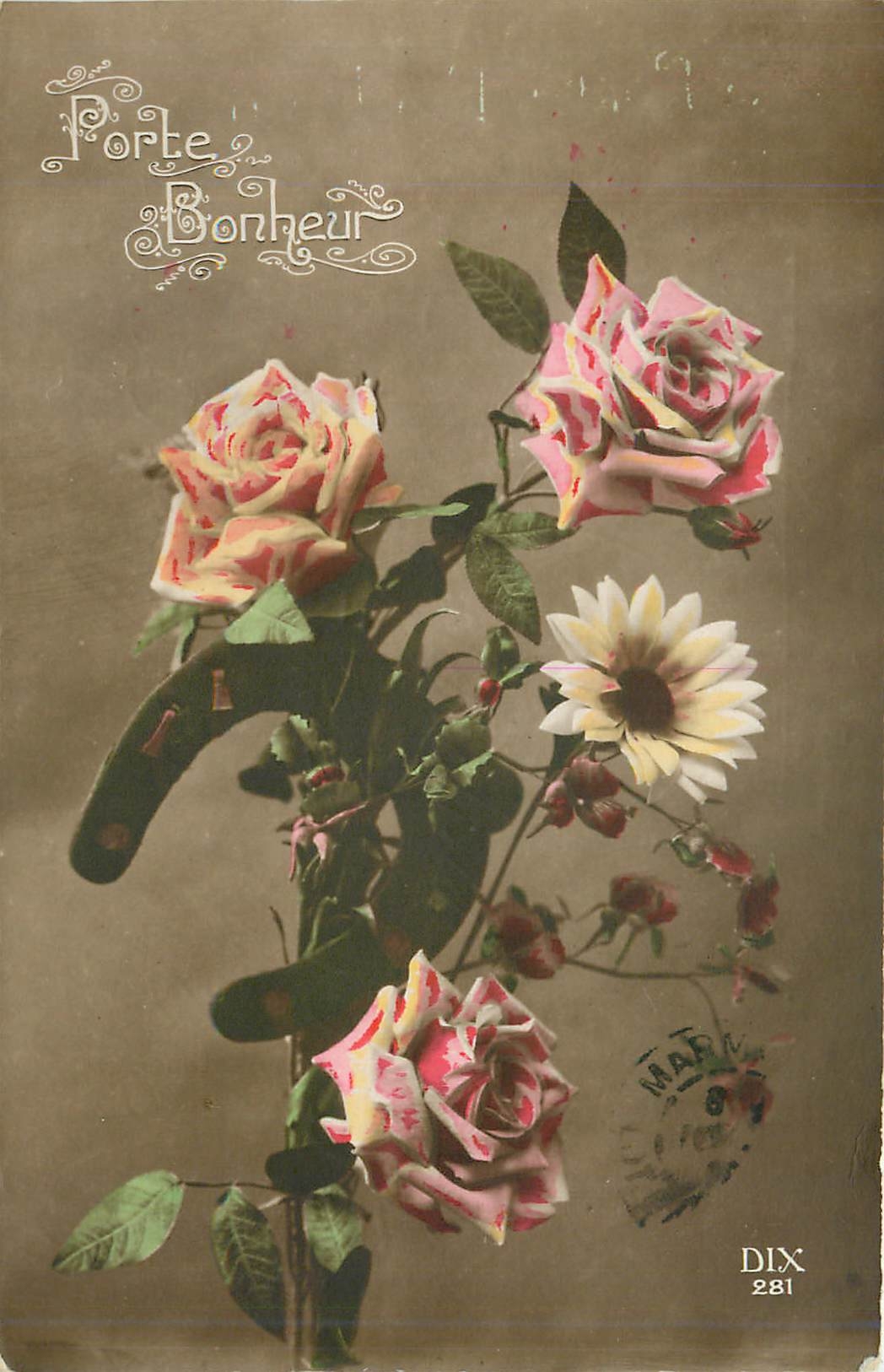 CPA Porte Bonheur Fleurs Fer a cheval