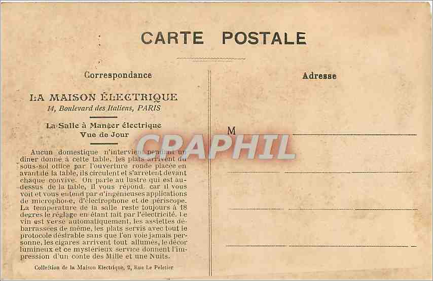 La Table électrique, vue de jour — La Maison Électrique, 14, Boulevard des Italiens, PARIS — Verso
