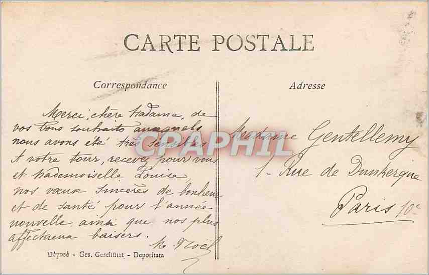 Femme en robe ornée — roses et texte 'Bonne Année' — éditeur A. Jecs, n° 4460 — Verso