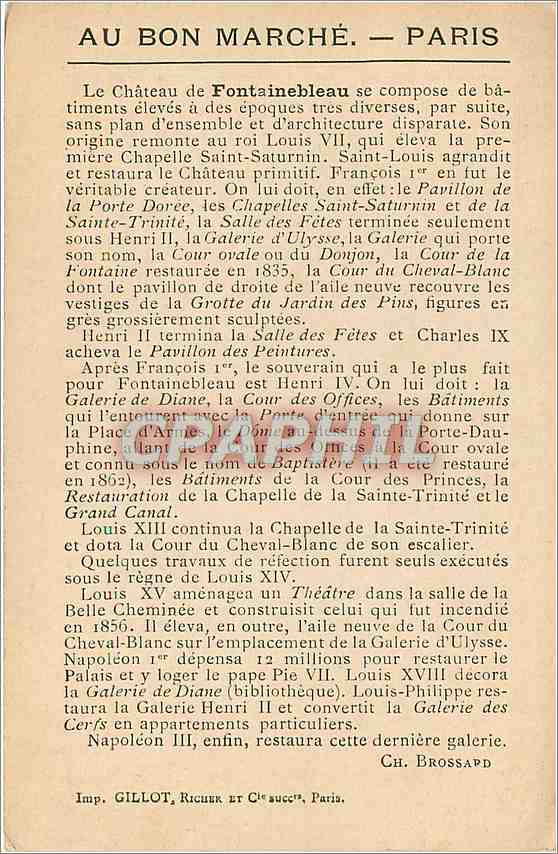 Château de Fontainebleau — Cour de la Fontaine et étang des Carpes — Au Bon Marché — Paris. — Verso