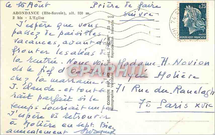 CPM Abondance Hte Savoie l'Eglise  — Rückseite