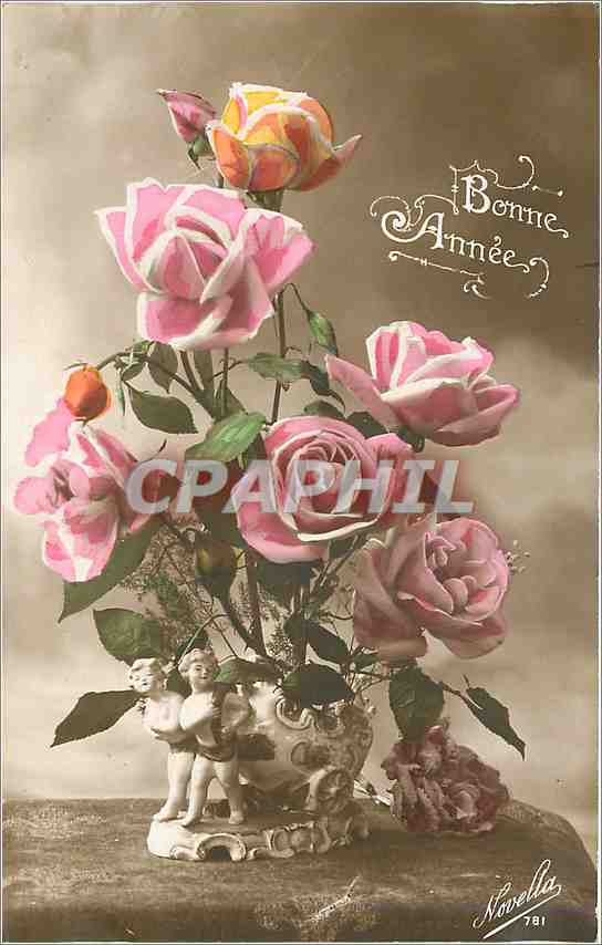 CPA Bonne Annee Fleurs Santons