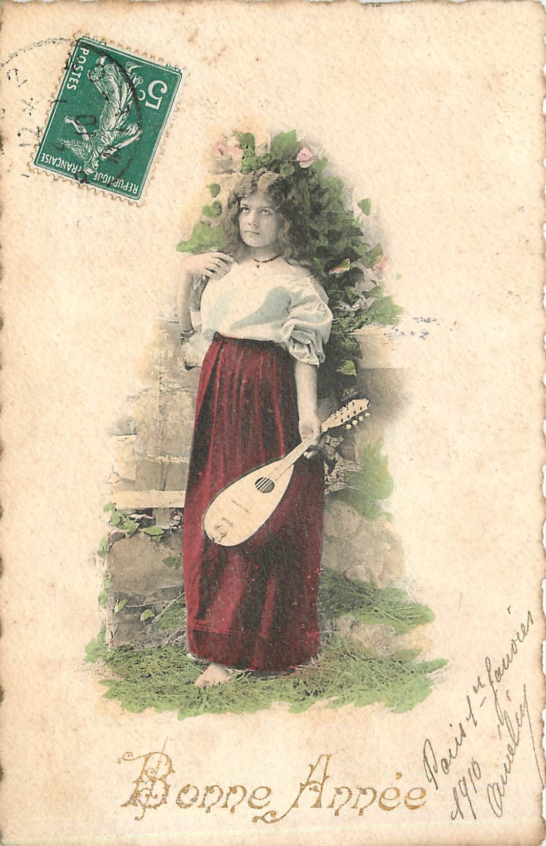 Jeune femme avec mandoline — Bonne Année 1910 — Éditeur E.D. Paris