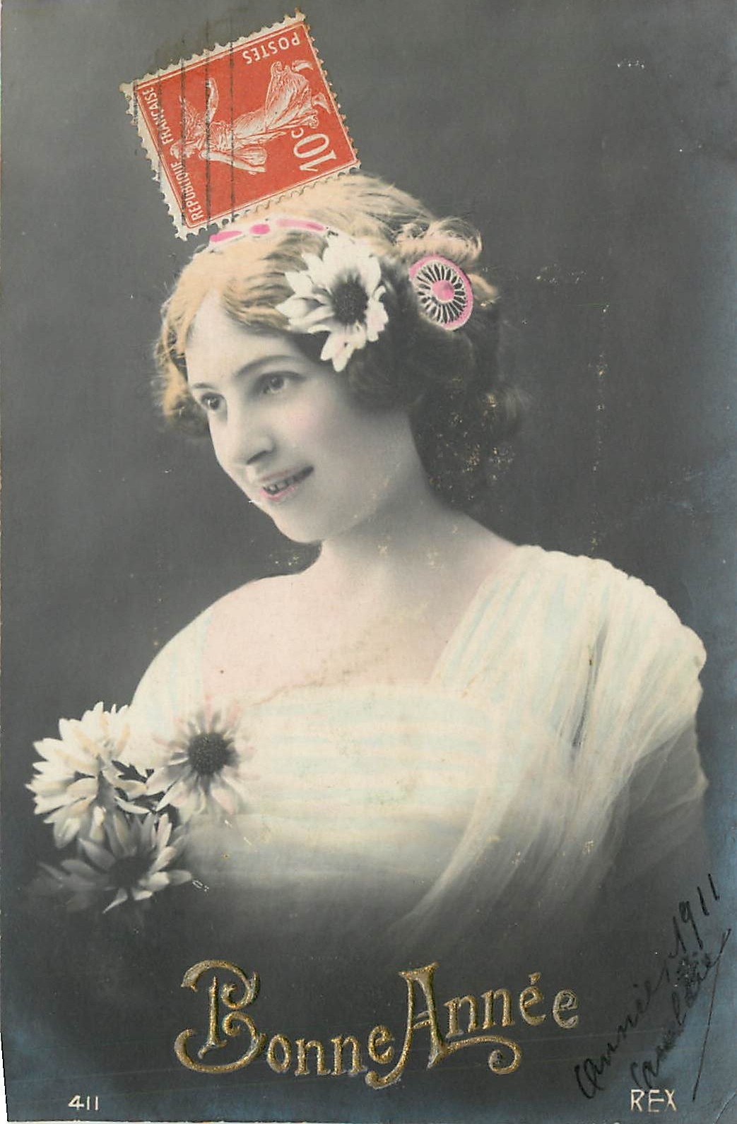 Femme avec fleurs — Bonne Année 1911 — REX, n°411