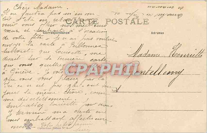 Femme en robe blanche et chapeau — carte de vœux pour la fête — éditeur inconnu, Collection Idéale N° 4 — Verso